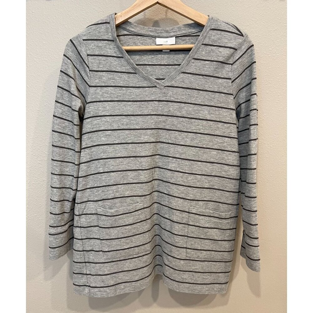 J. Jill Women's Gray Striped Tunic Sweater Size Small Long Sleeve Pockets Mature